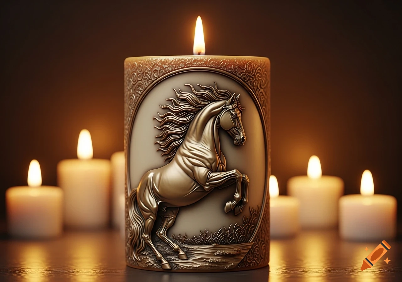A close-up of a decorative candle featuring a golden bas-relief of a rearing horse, surrounded by blurred flickering candles.