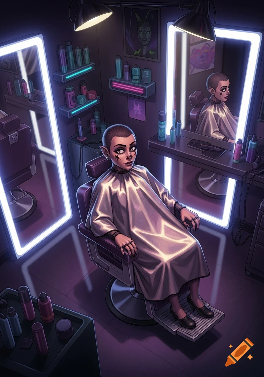 A cartoon character with a buzzcut and elf ears sits in a salon chair in a dark, neon-lit glamrock salon, wearing a cape.