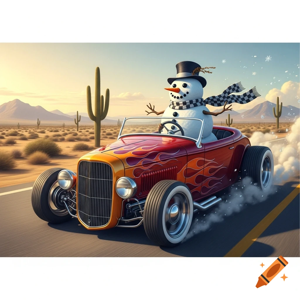 A snowman in a top hat and scarf drives a red hot rod with flame decals down a desert highway, with cacti and mountains, as snow falls.