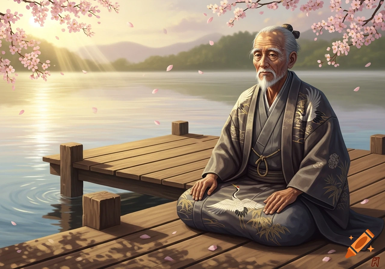 An old Japanese man in traditional attire meditates on a wooden dock by a serene lake with falling cherry blossoms at sunrise.