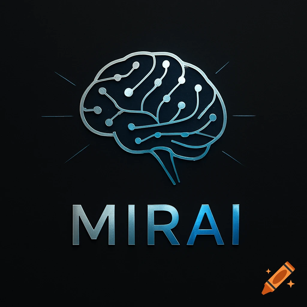 A stylized brain with interconnected circuits, glowing blue, above the metallic text 'MIRAI' on a dark background, forming an AI logo.