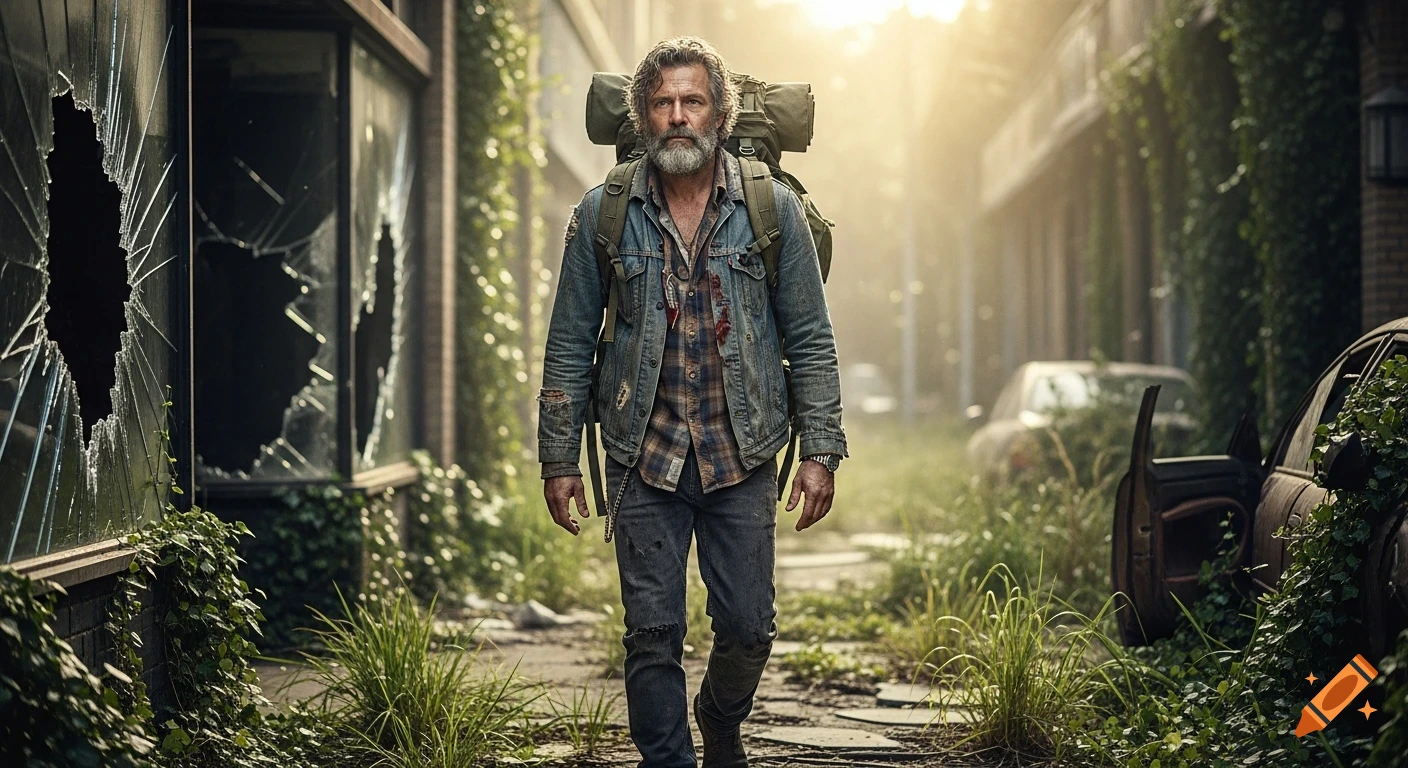 A rugged man with a beard and backpack walks through an overgrown, ruined city street in a cinematic, photorealistic style.