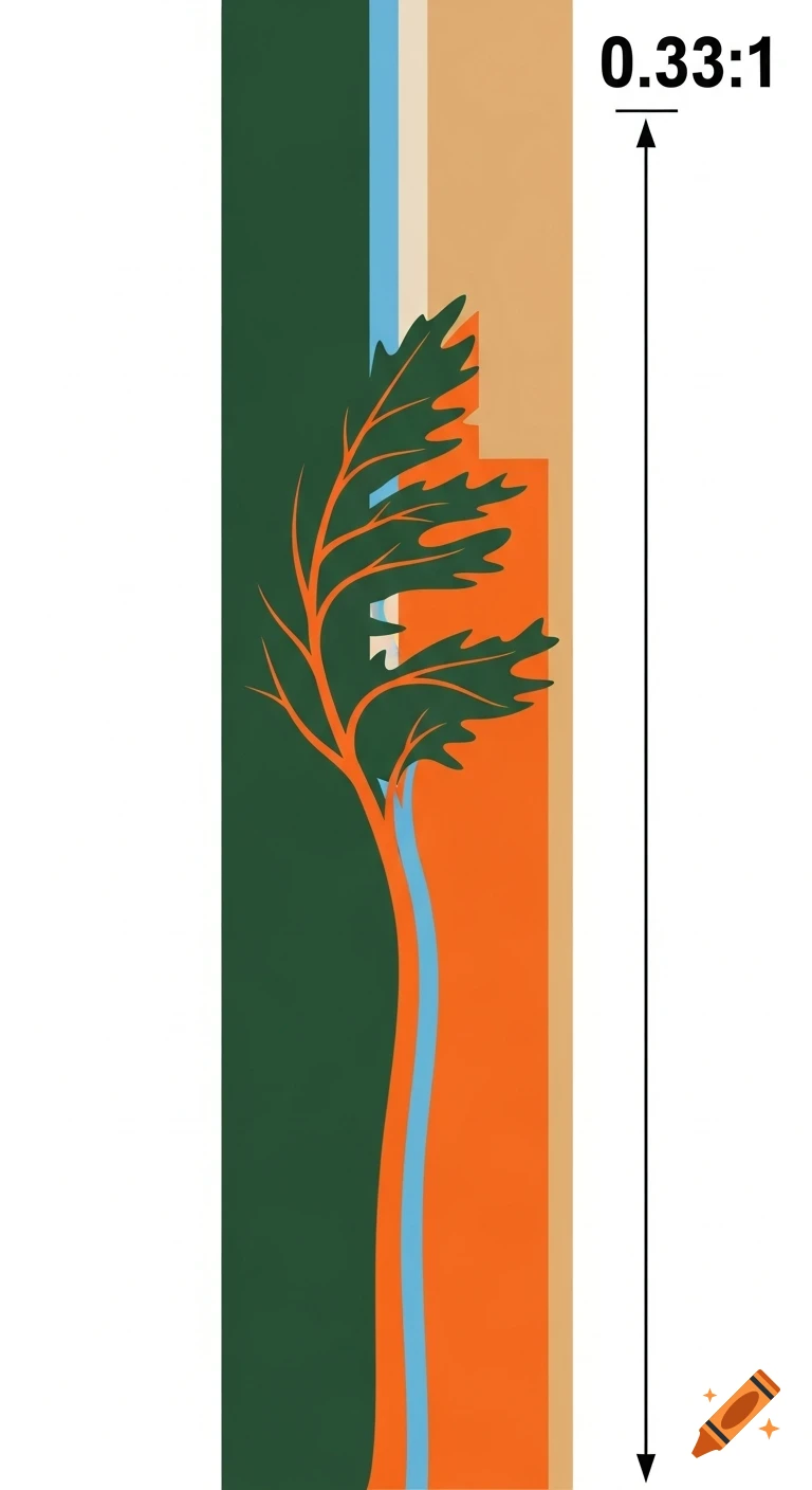 Minimalist vertical design with a stylized orange tree on green and orange stripes, a blue line, and '0.33:1' text.