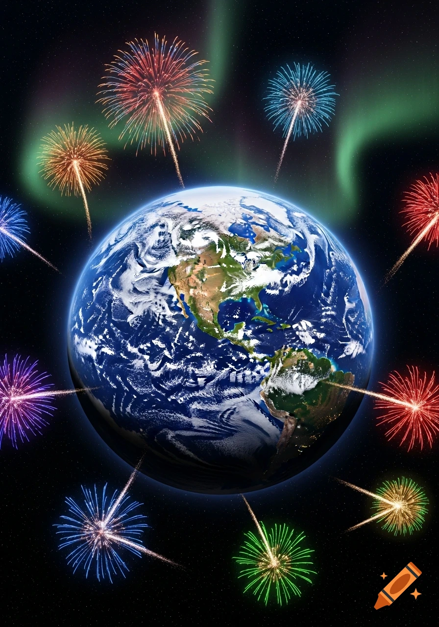 The Earth viewed from space, encircled by vibrant fireworks and green aurora borealis against a starry night sky.