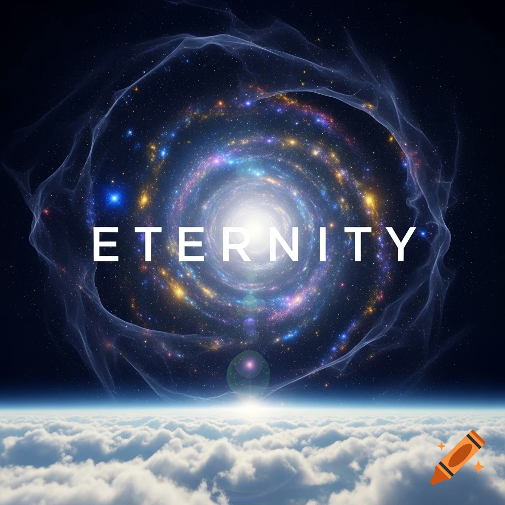 The word "ETERNITY" floats above a vibrant cosmic swirl of stars and nebulae, set against a backdrop of clouds and a horizon.