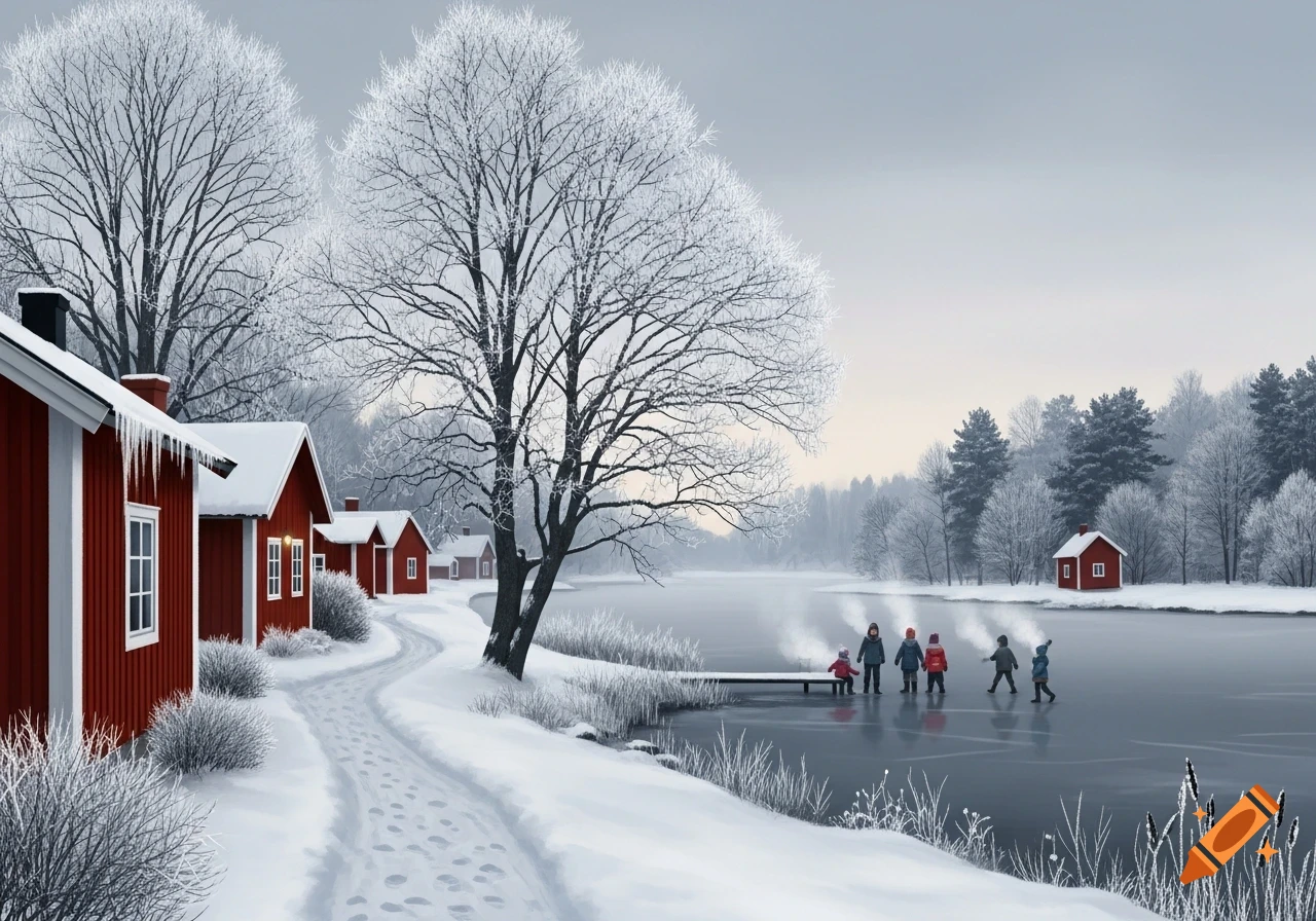 A serene winter landscape with snow-covered red houses, frosted trees, and children walking on a frozen lake.