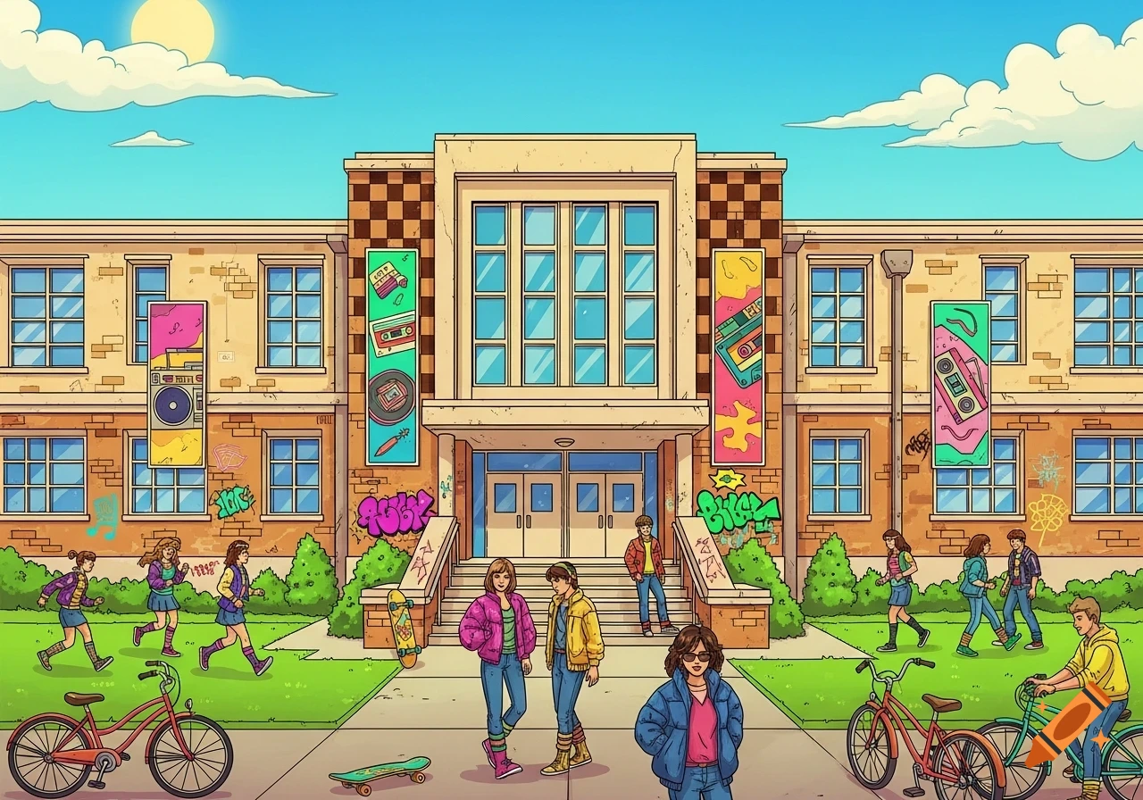 Cartoon illustration of an 80s high school building with students outside, featuring vibrant colors and classic 80s elements.