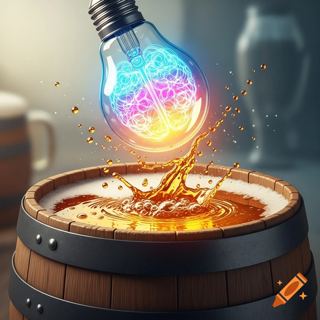 A glowing, colorful brain inside a lightbulb splashes into a wooden barrel filled with beer.