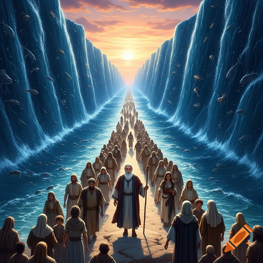 Moses leads the Israelites through the parted Red Sea, with towering blue water walls and a golden sunset. Many figures walk ahead.