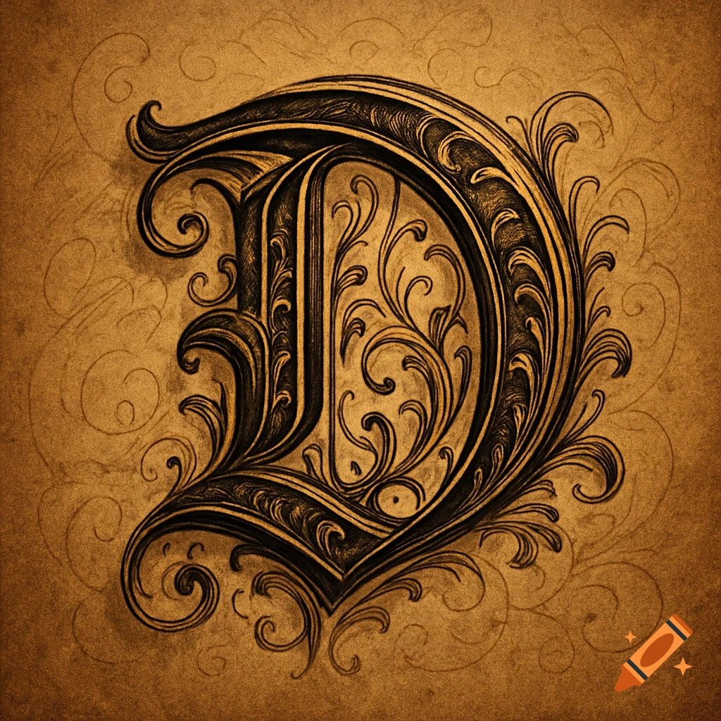 An ornate, old English style capital letter D, dark gold with intricate flourishes, on a textured golden-brown background.