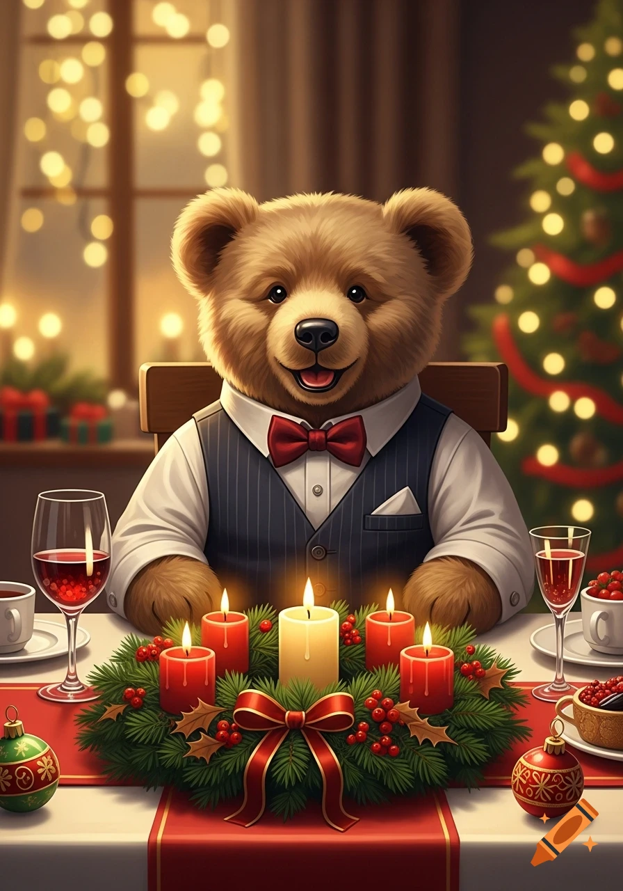 A cheerful brown bear in a suit and bow tie sits at a festive Christmas table with an Advent wreath, lit candles, wine glasses, and ornaments. Christmas lights and a decorated tree are in the background.