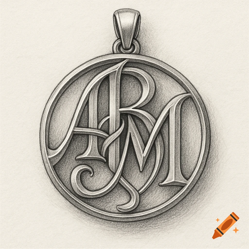 Pencil sketch of a circular pendant featuring an intricate, interwoven monogram of letters A, B, and M.