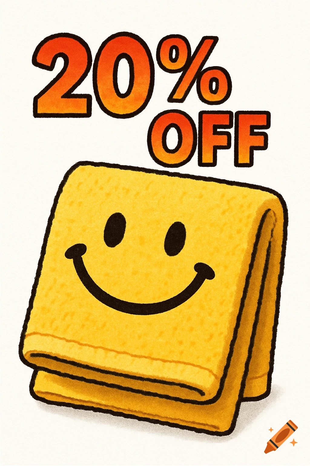 A cheerful, yellow folded towel with a black smiley face, under bold orange text reading '20% OFF' in a clip art style.