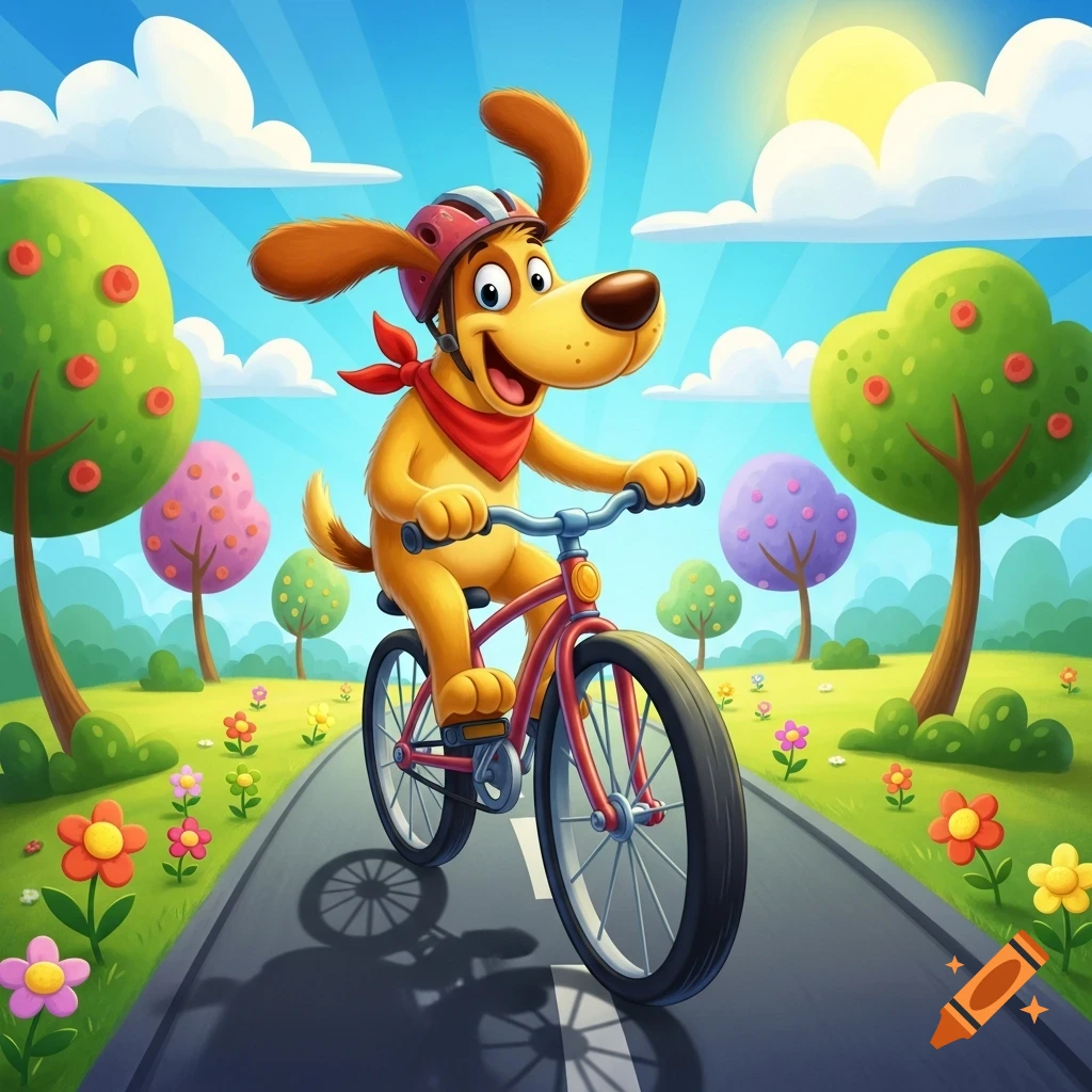 A happy cartoon dog wearing a helmet and bandana rides a red bicycle down a paved path in a sunny, colorful park with trees and flowers.