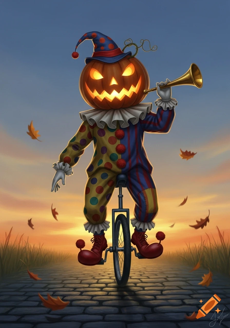 A glowing jack-o-lantern in a clown suit rides a unicycle and blows a horn on a cobblestone path with autumn leaves at sunset, digital art.