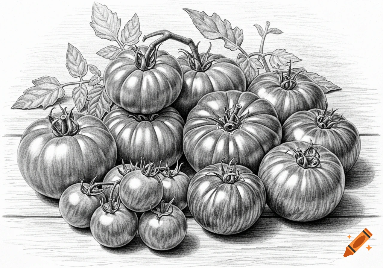 A detailed pencil sketch depicting a cluster of various sized tomatoes and their leaves resting on a wooden surface.