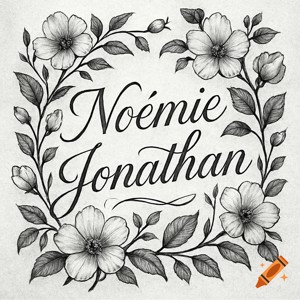 Black and white pencil drawing of a floral wreath surrounding the names Noémie and Jonathan in elegant calligraphy.