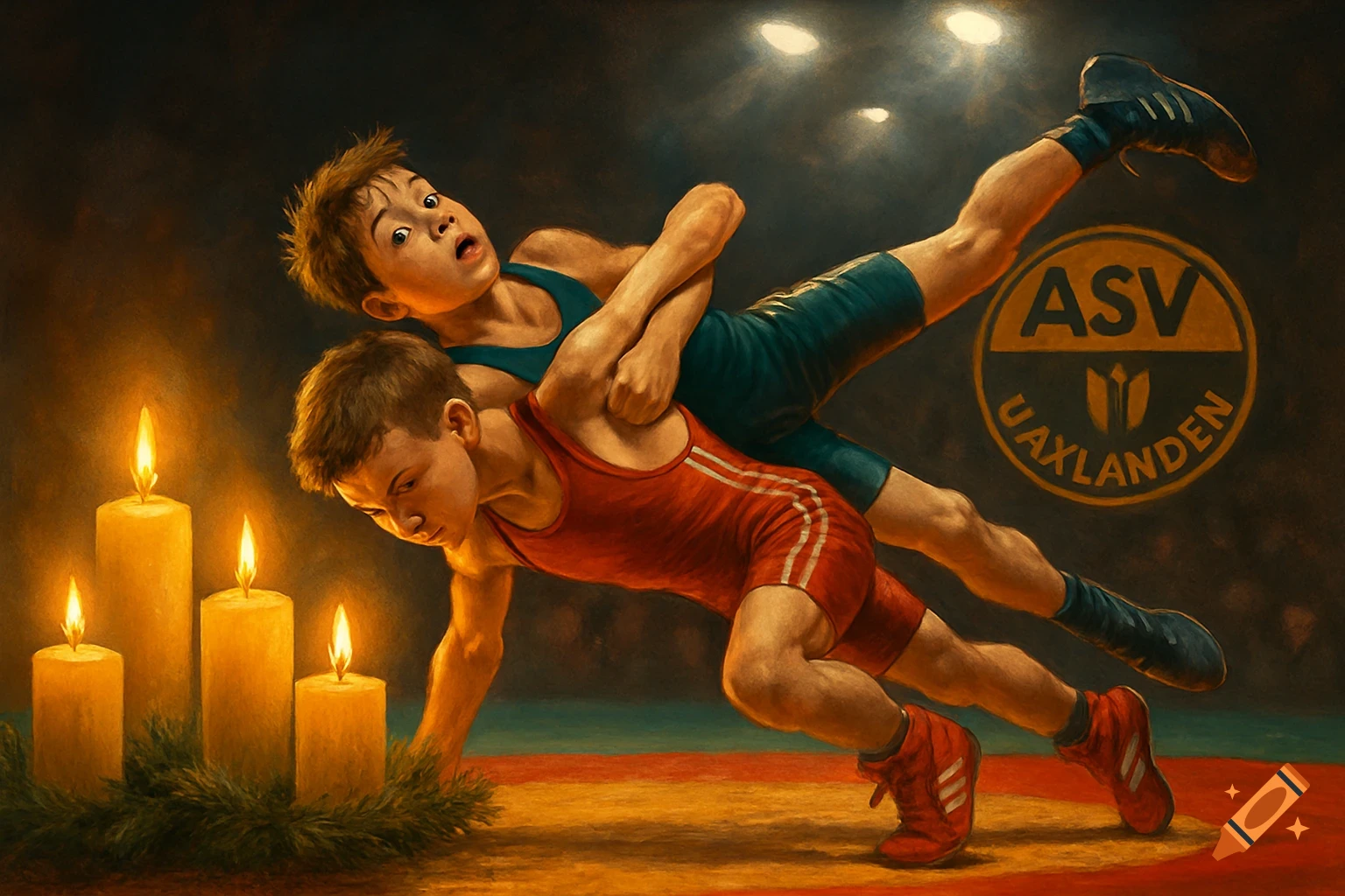Two young boys wrestling on a mat in a painterly style, with lit Advent candles and a wreath in the foreground.