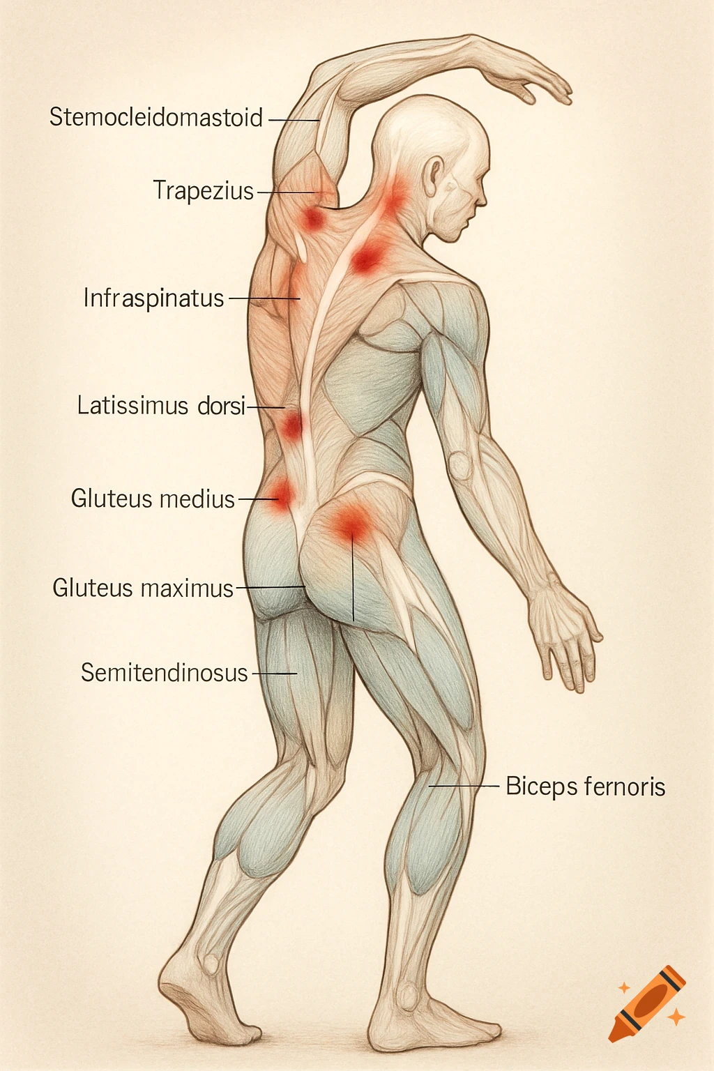 A full-body illustration of a human figure from the back, showing major muscle groups like trapezius, latissimus dorsi, and gluteus maximus, with some highlighted in red indicating trigger points. Muscles are labeled with text.