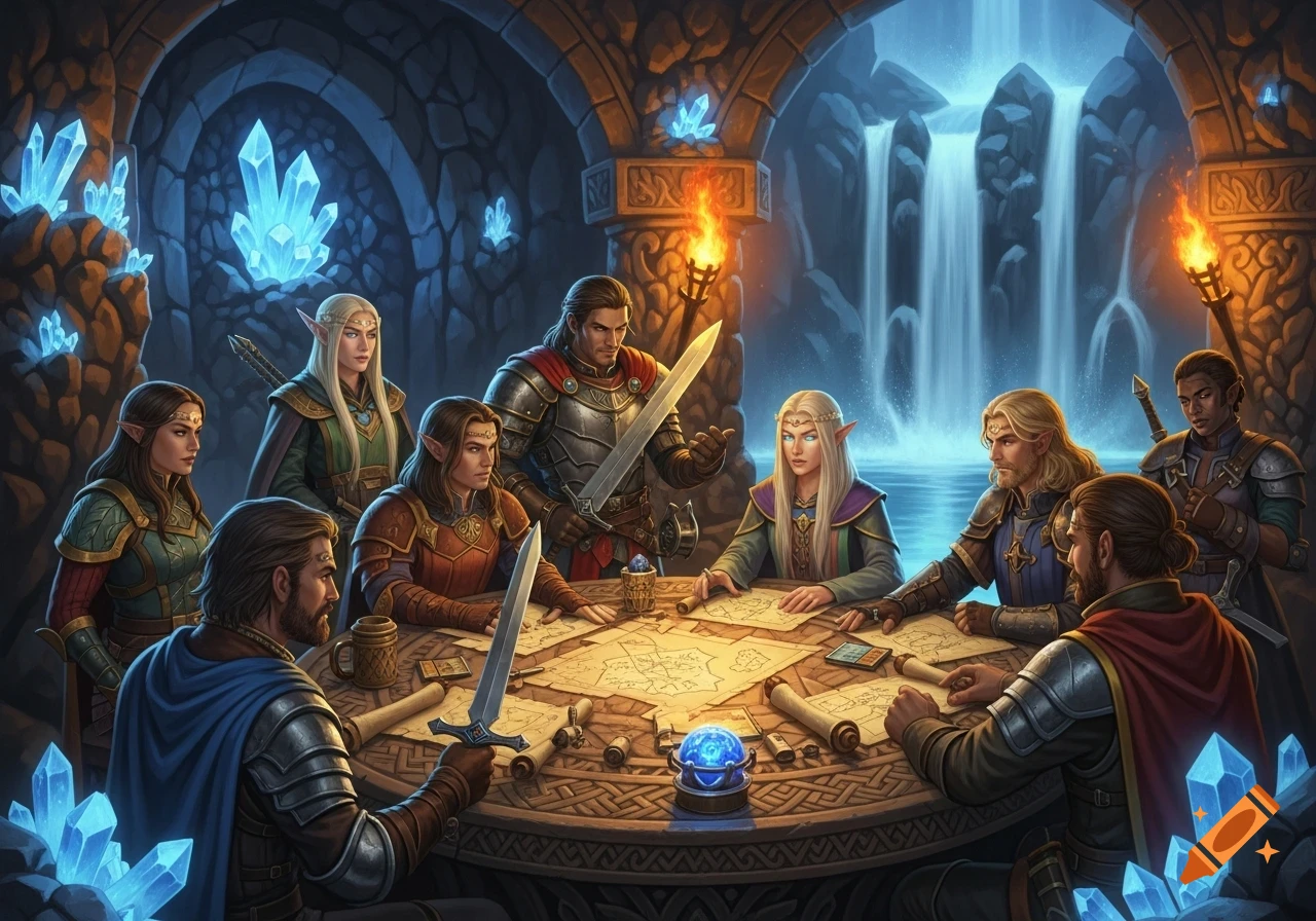 An adventuring party of diverse fantasy characters, including elves and warriors, gathered around a table studying a map in a crystal-lit cave.