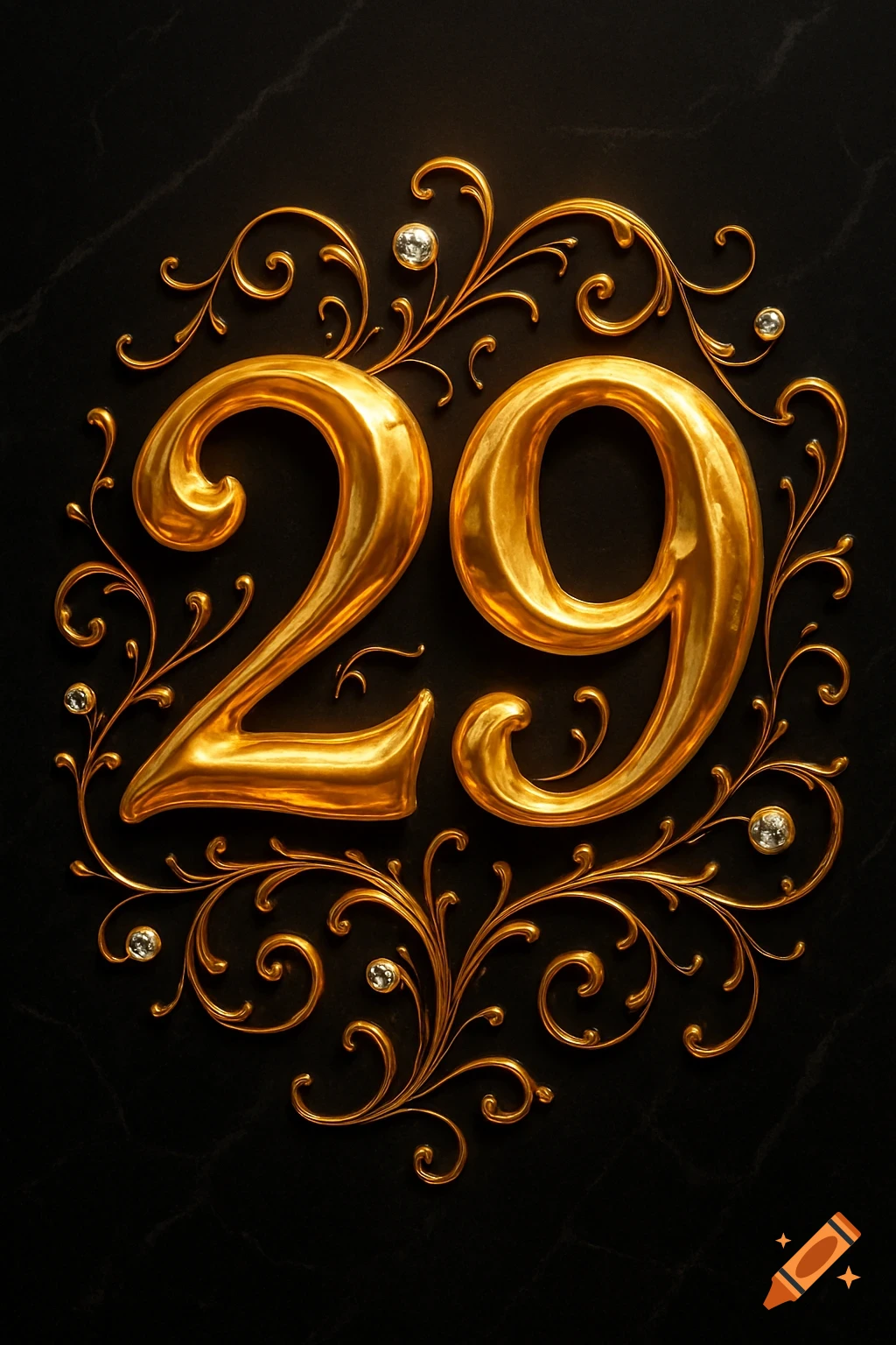 A gold number 29, intricately adorned with shimmering scrollwork and diamonds on a dark background.