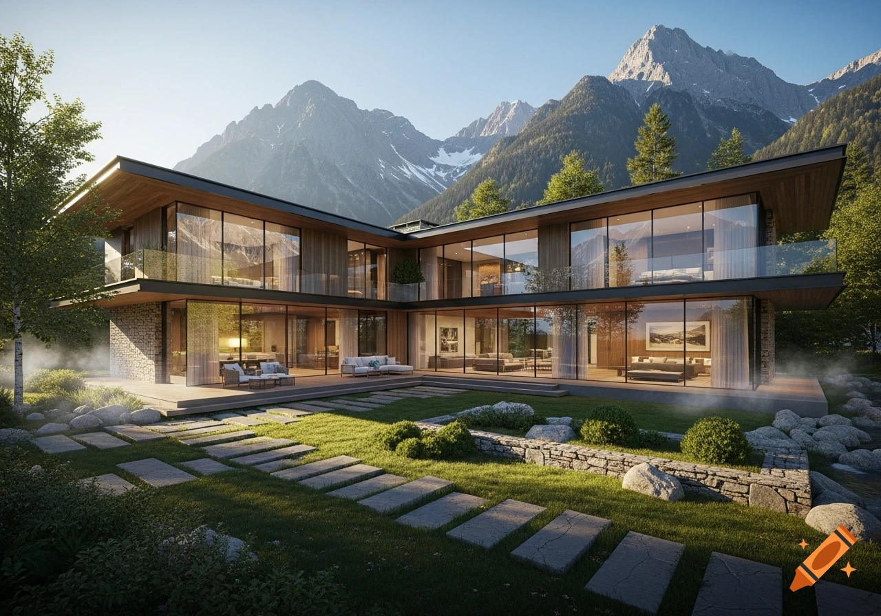 A large, modern, glass and wood mansion with a flat roof sits in a lush green lawn, surrounded by misty trees and towering snow-capped mountains under a clear sky.