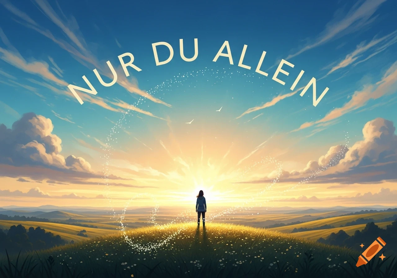 Stylized image of a person on a grassy hill facing a radiant sunrise over rolling landscapes, with 'NUR DU ALLEIN' in the sky.