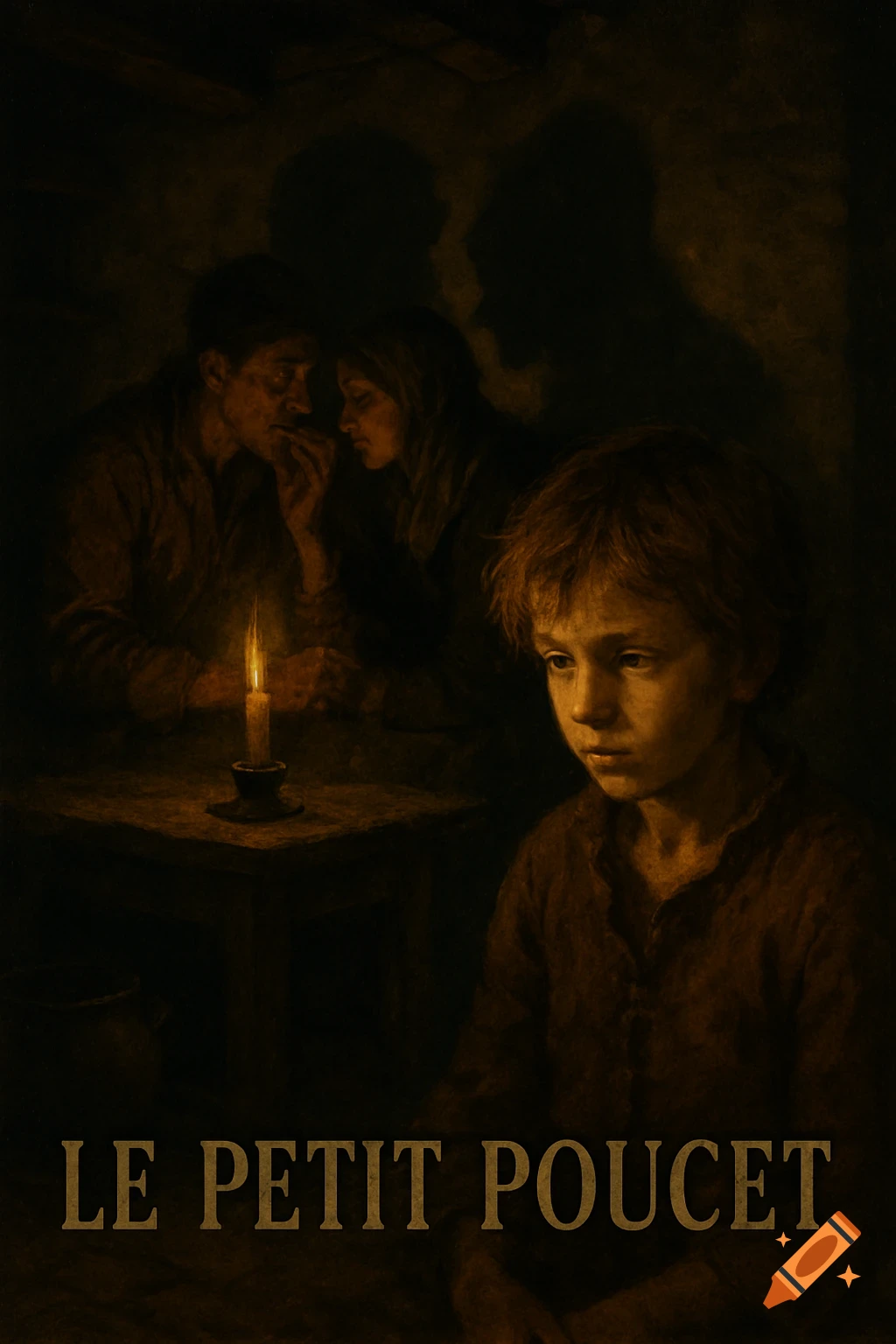 A young boy looks sad by candlelight as his parents whisper in a dark, painterly scene. Text reads 'LE PETIT POUCET'.