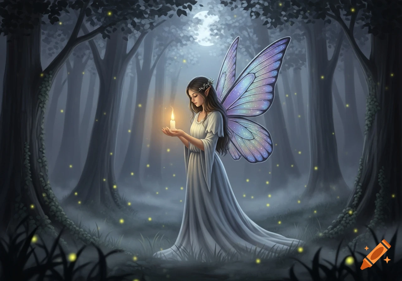 A beautiful fairy with long dark hair and shimmering purple wings holds a lit candle in a dark, moonlit forest, surrounded by glowing fireflies.
