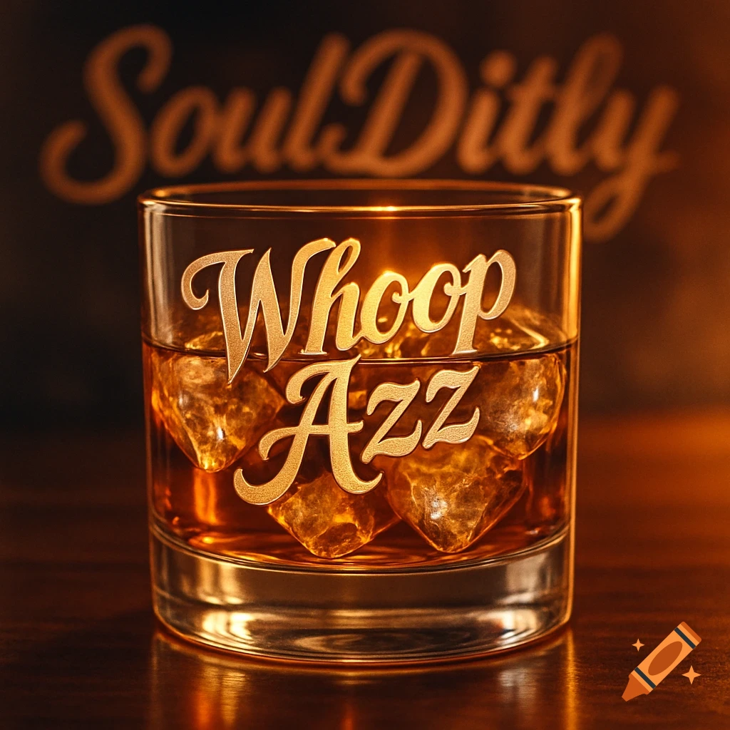 Photorealistic whiskey glass with ice, etched with 'Whoop Azz' on glass and 'SoulDitly' in blurred background.