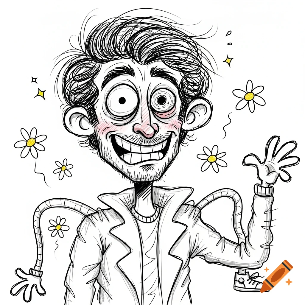 Crude, childish doodle of a man with exaggerated features, wild hair, a wide grin, mechanical arms, and floating daisies.