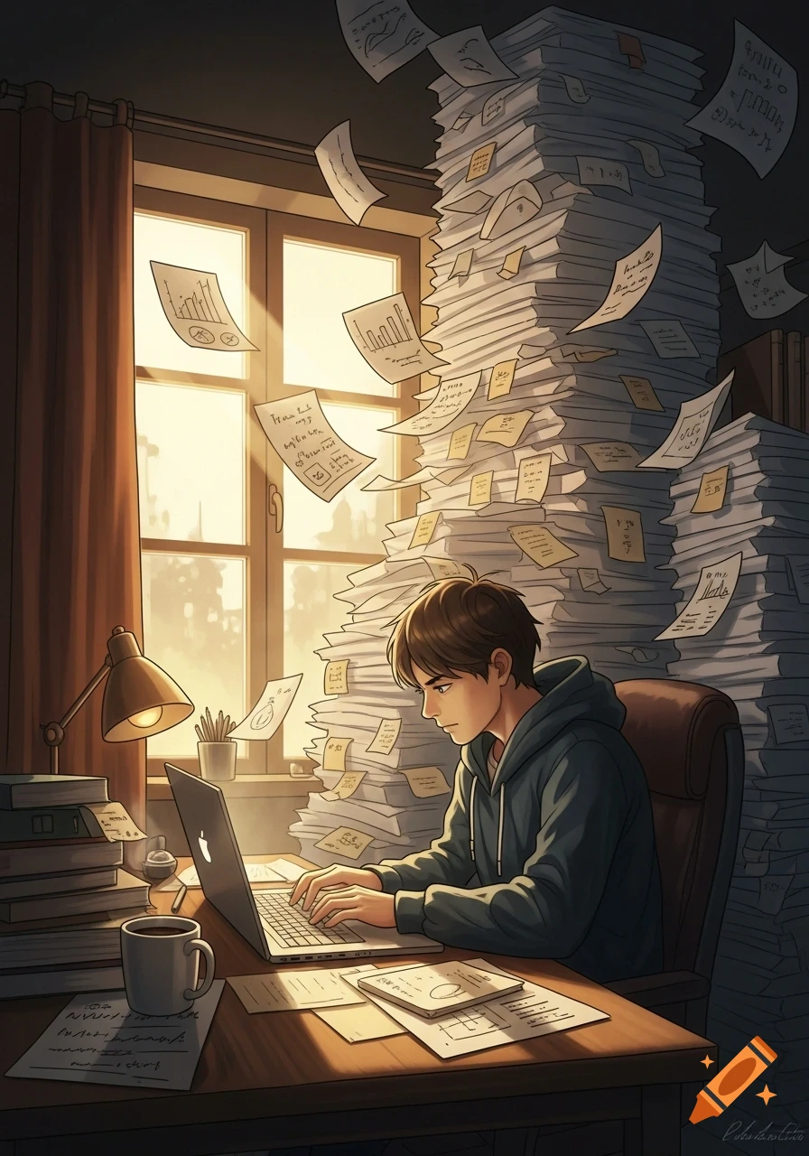 An anime-style image of a young person in a hoodie diligently typing on a laptop at a desk, surrounded by towering stacks of papers and floating notes in a sunlit room.