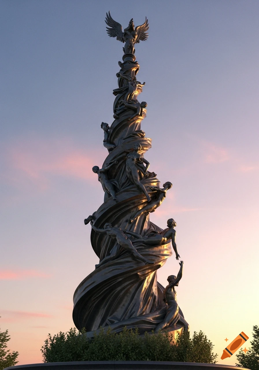 A tall, dark metal sculpture intricately carved with spiraling human figures and drapery, topped by a winged figure, against a sunset sky.