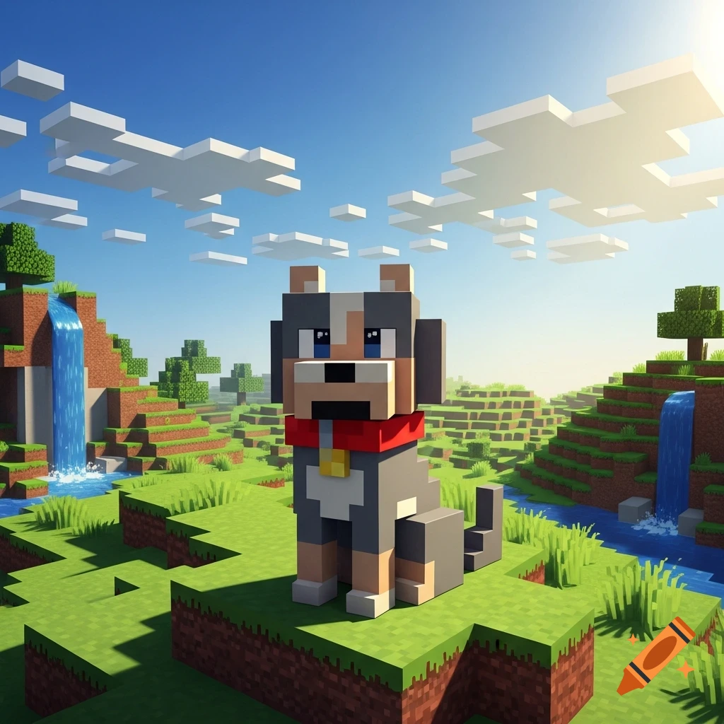 A blocky dog with a red collar sits on a grassy hill in a vibrant Minecraft landscape with waterfalls and white clouds.