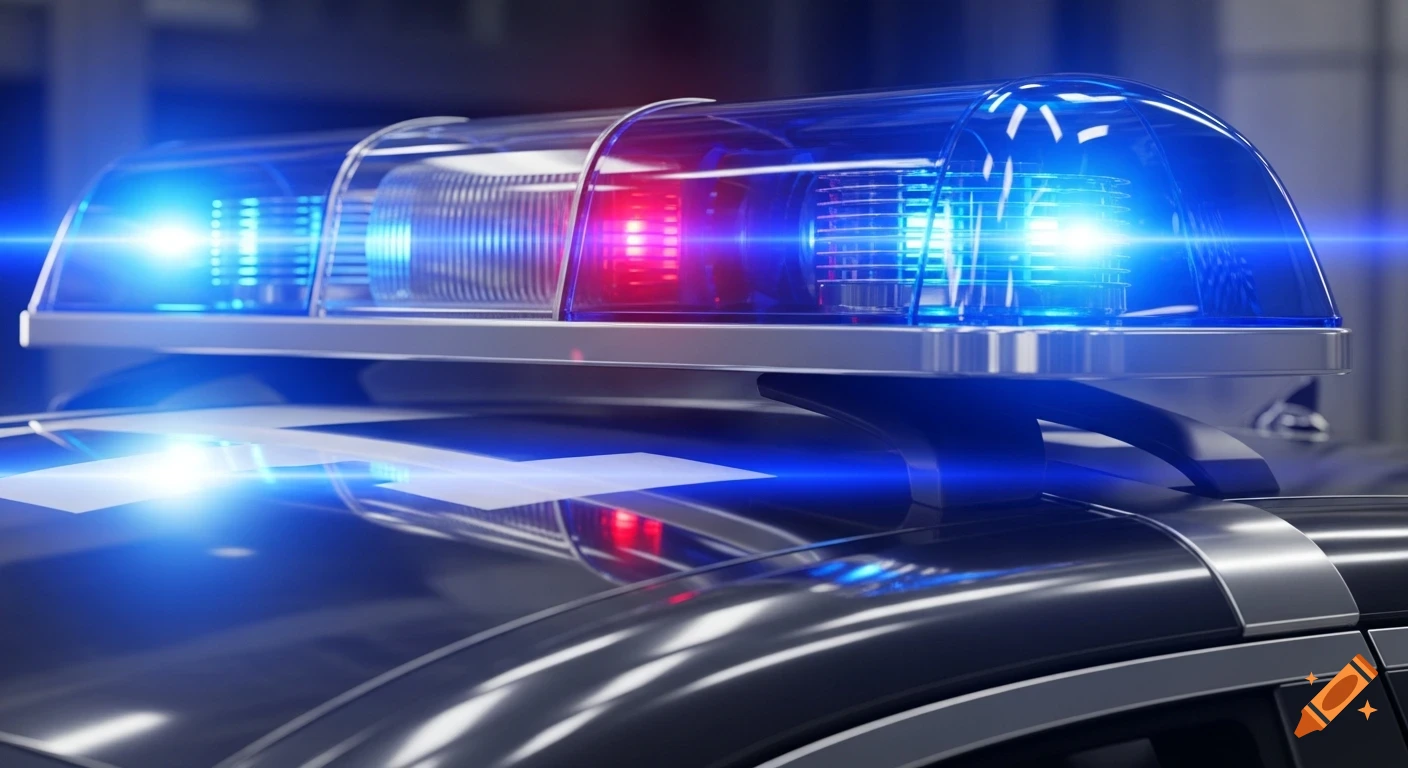 Close-up photorealistic shot of flashing red and blue lights on the roof of a dark police car.