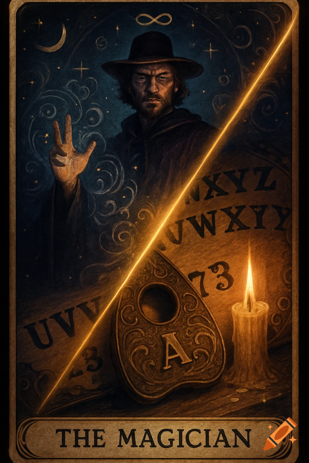 A stylized tarot card depicting a magician in a hat, raising a hand amidst starry swirls, with a golden ray dividing the image over an Ouija board planchette and a lit candle.