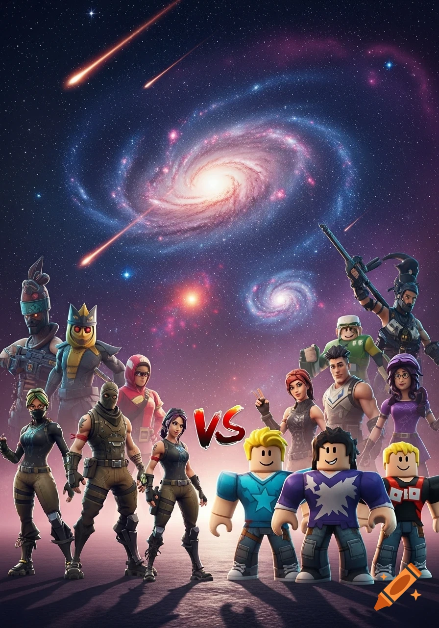 Fortnite characters facing Roblox characters in a galaxy with a 'VS' sign, meteors, and nebulae.