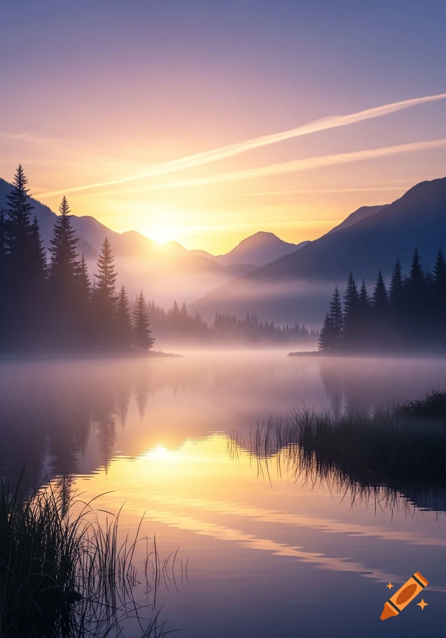 A serene sunrise over a misty lake with evergreen trees and mountains in the background, casting golden and purple hues.