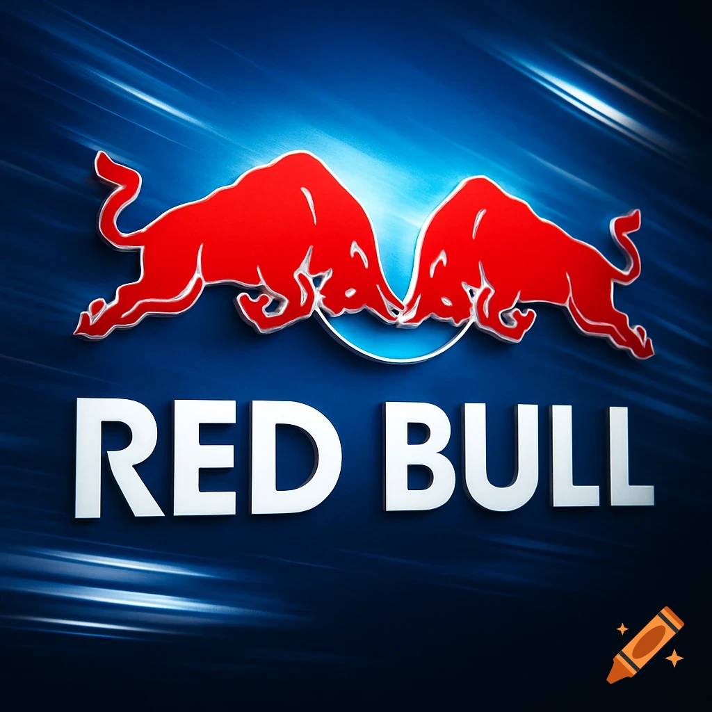 Red Bull logo featuring two red bulls charging each other above the text "RED BULL" on a dynamic blue background.