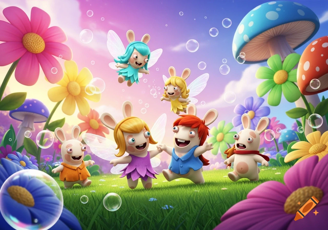 Whimsical cartoon bunny characters with fairy wings playing in a vibrant flower field with bubbles and large mushrooms.