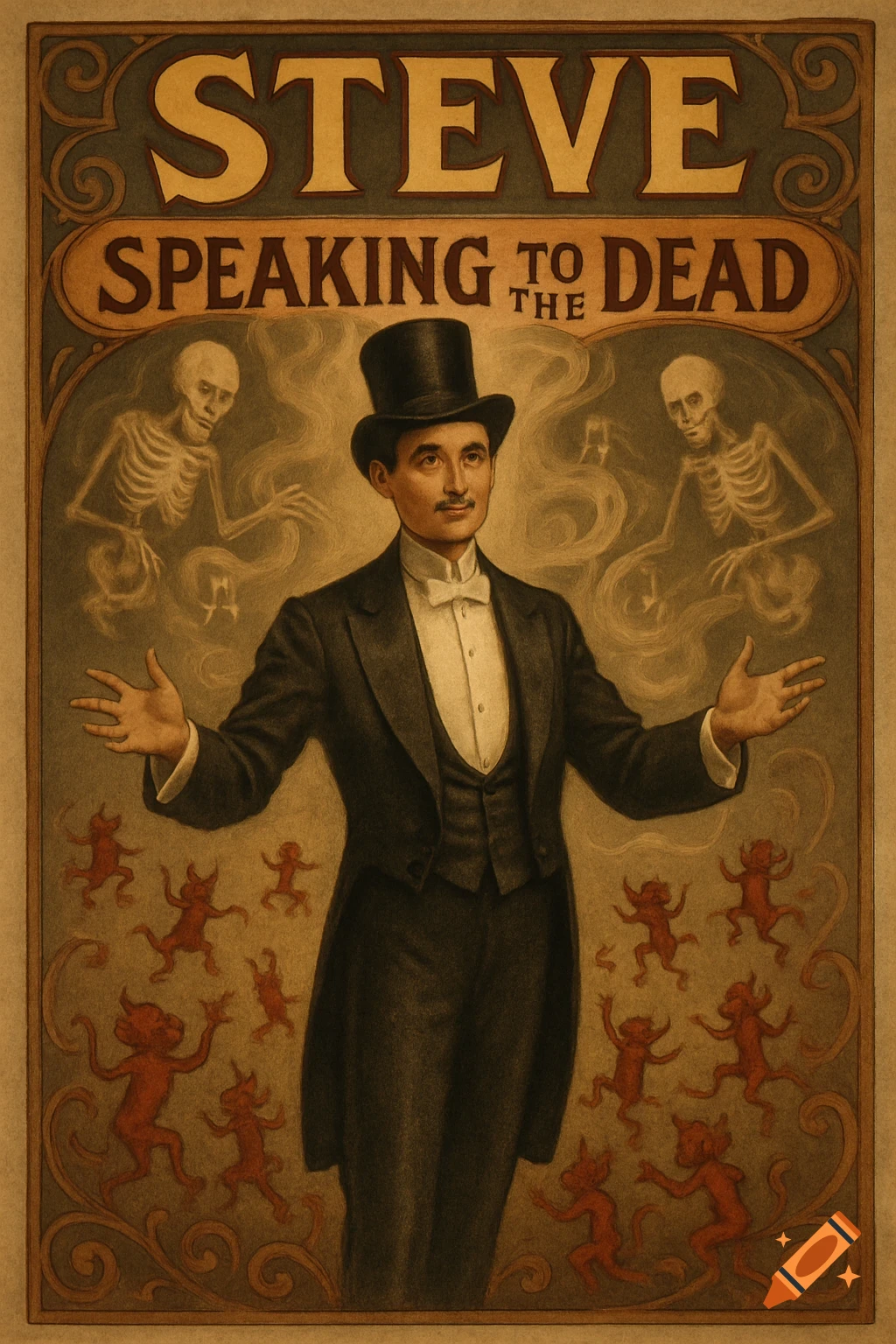 A vintage magician's poster featuring a man in a top hat and suit, surrounded by ghostly skeletons and small red devils, advertising "STEVE SPEAKING TO THE DEAD".