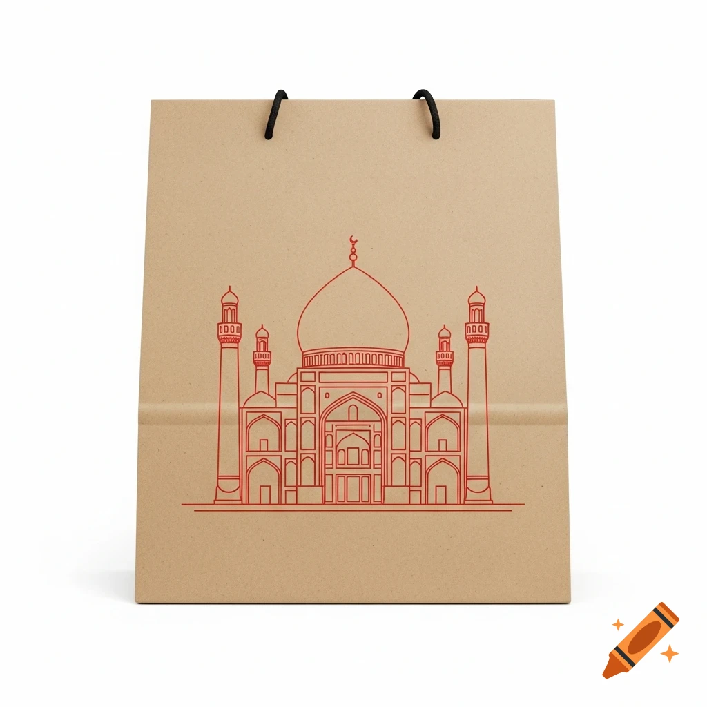 Kraft shopping bag featuring a centered red line art illustration of a mosque with a dome and minarets.