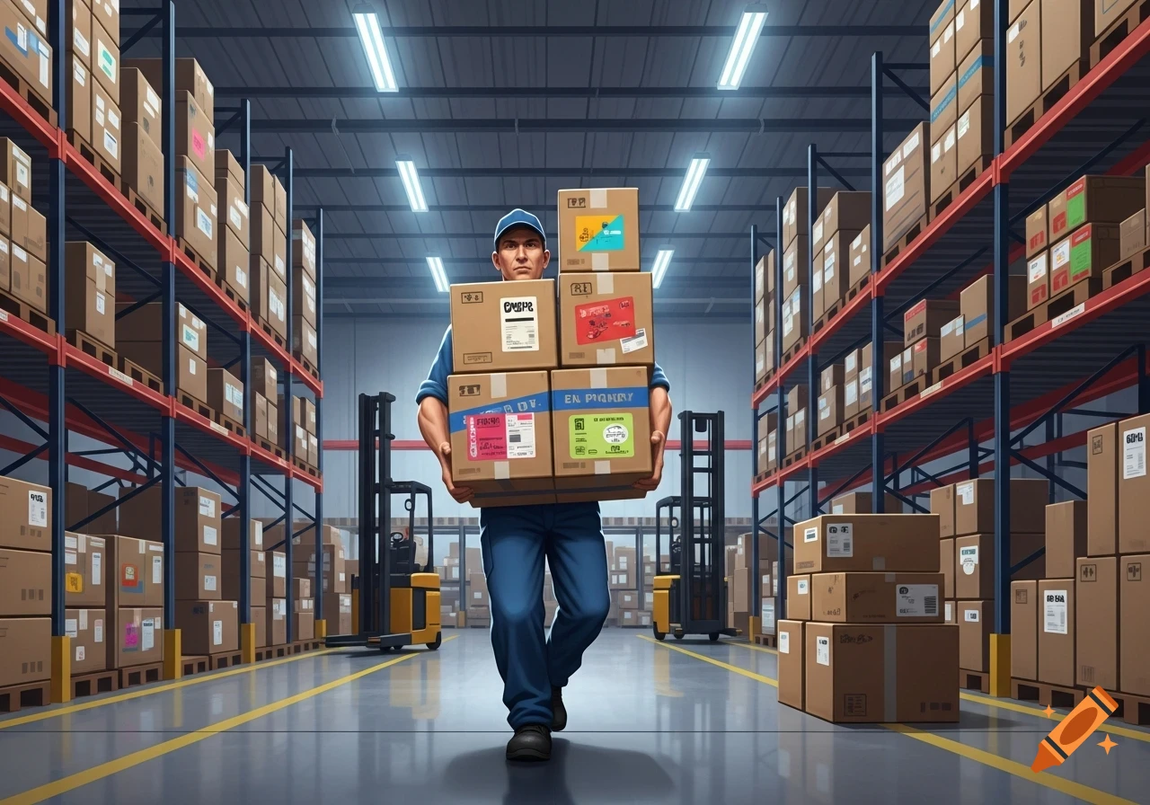 A man in a cap and uniform carries a stack of cardboard boxes through a large, brightly lit warehouse aisle filled with shelves of goods and forklifts.