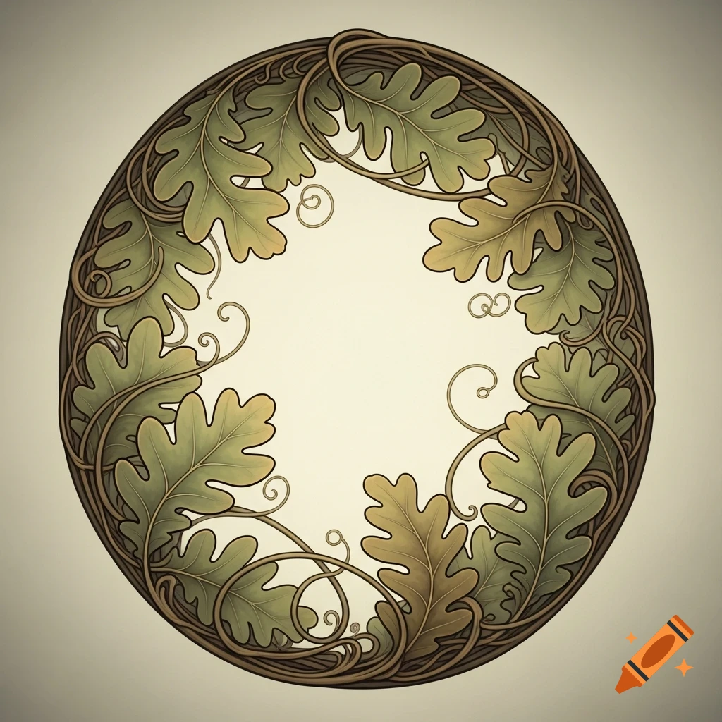 A round Art Nouveau frame featuring stylized oak leaves and winding vines in shades of green and brown.