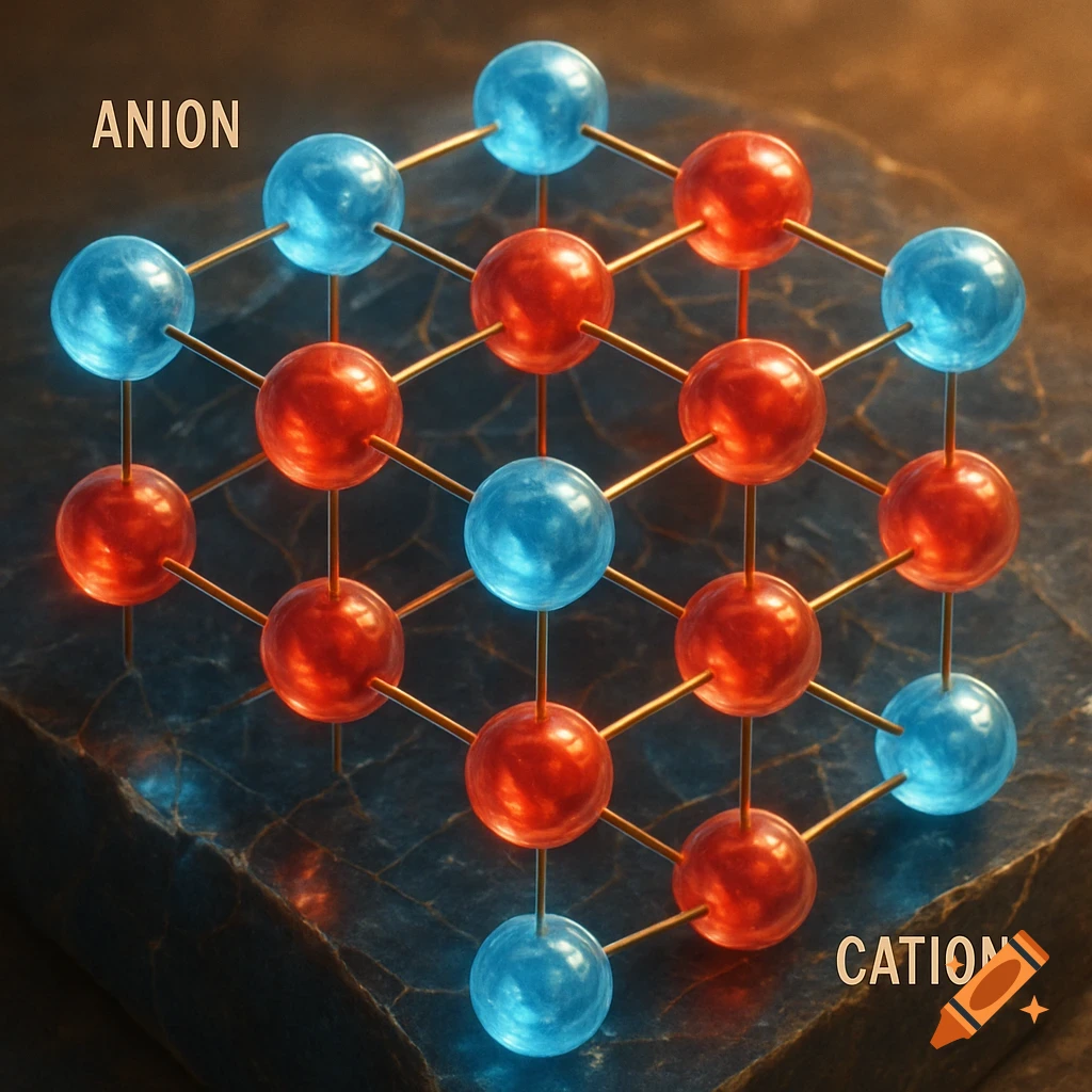 A 3D model of a molecular lattice featuring glowing red and blue spheres connected by golden rods, labeled ANION and CATION, on a dark textured surface.