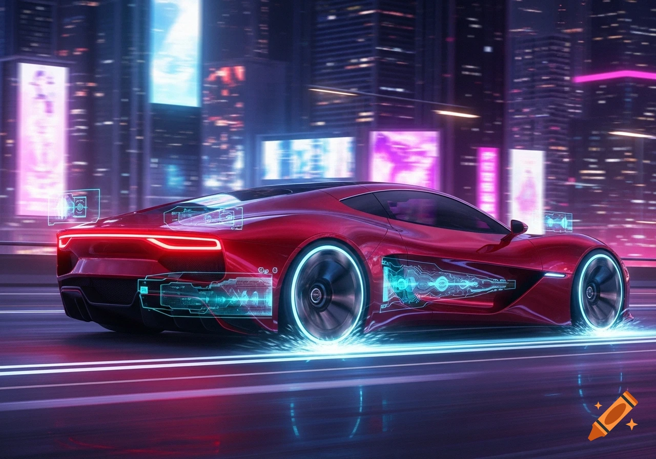 A sleek red futuristic sports car with glowing blue accents speeding through a neon-lit cyberpunk city at night.