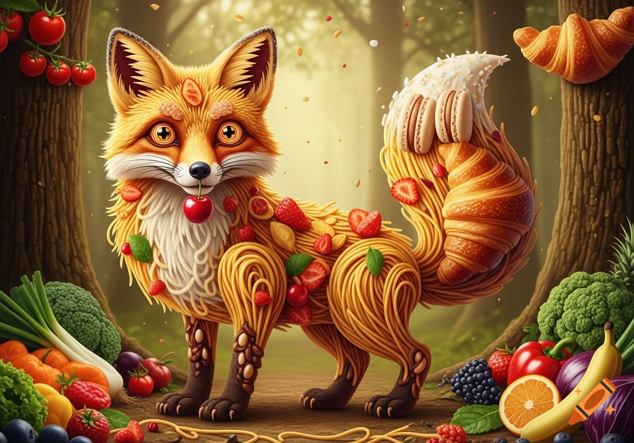 A whimsical fox with a body made of pasta, adorned with fruits, nuts, and pastries like croissants and macarons, in a forest.