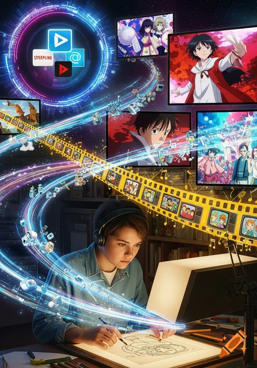 A young artist in headphones draws at a desk, surrounded by glowing digital streams and screens displaying various anime scenes and app icons.