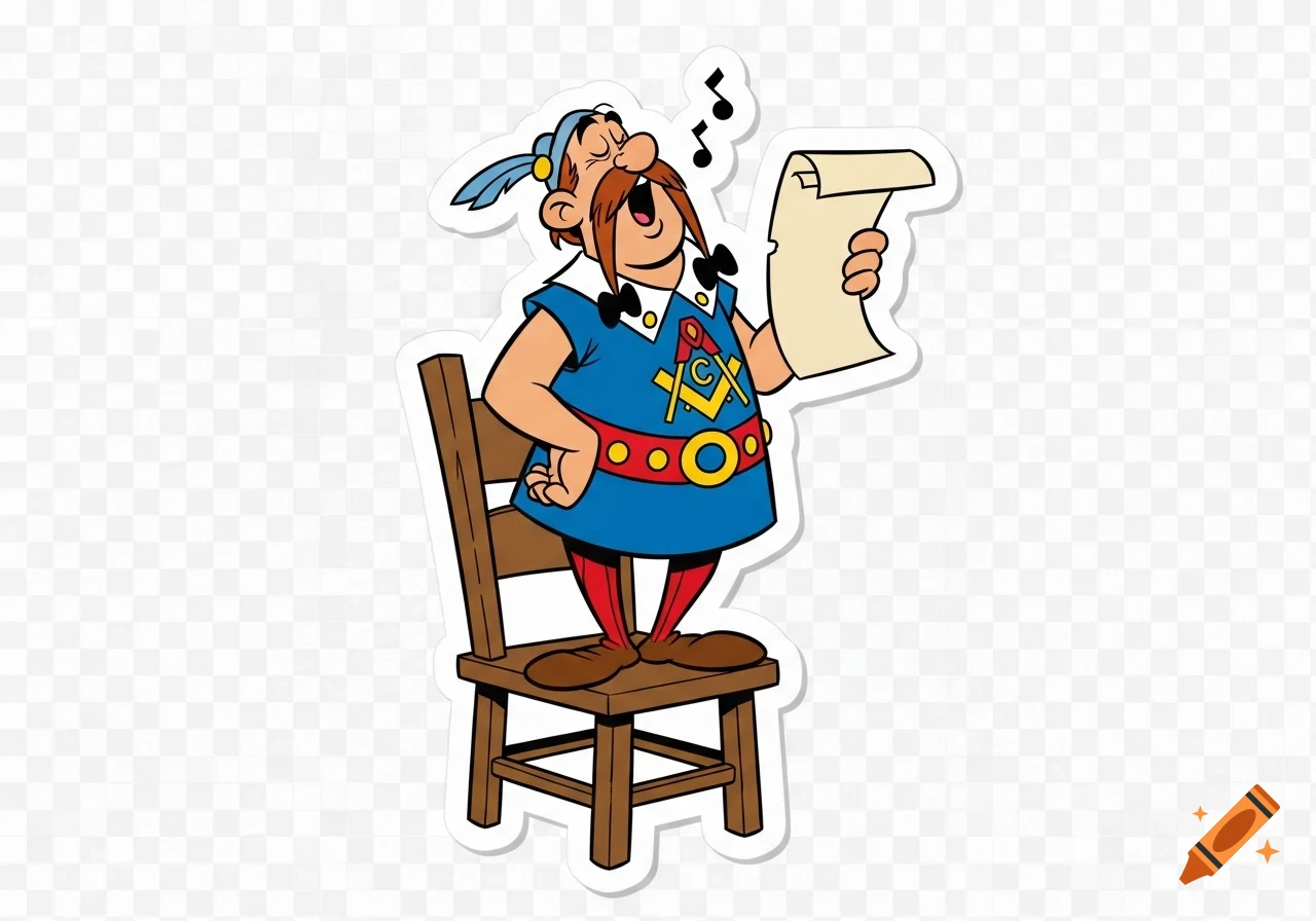 Cartoon sticker of a mustachioed man in blue and red, with a feathered cap, singing from a scroll while standing on a wooden chair.
