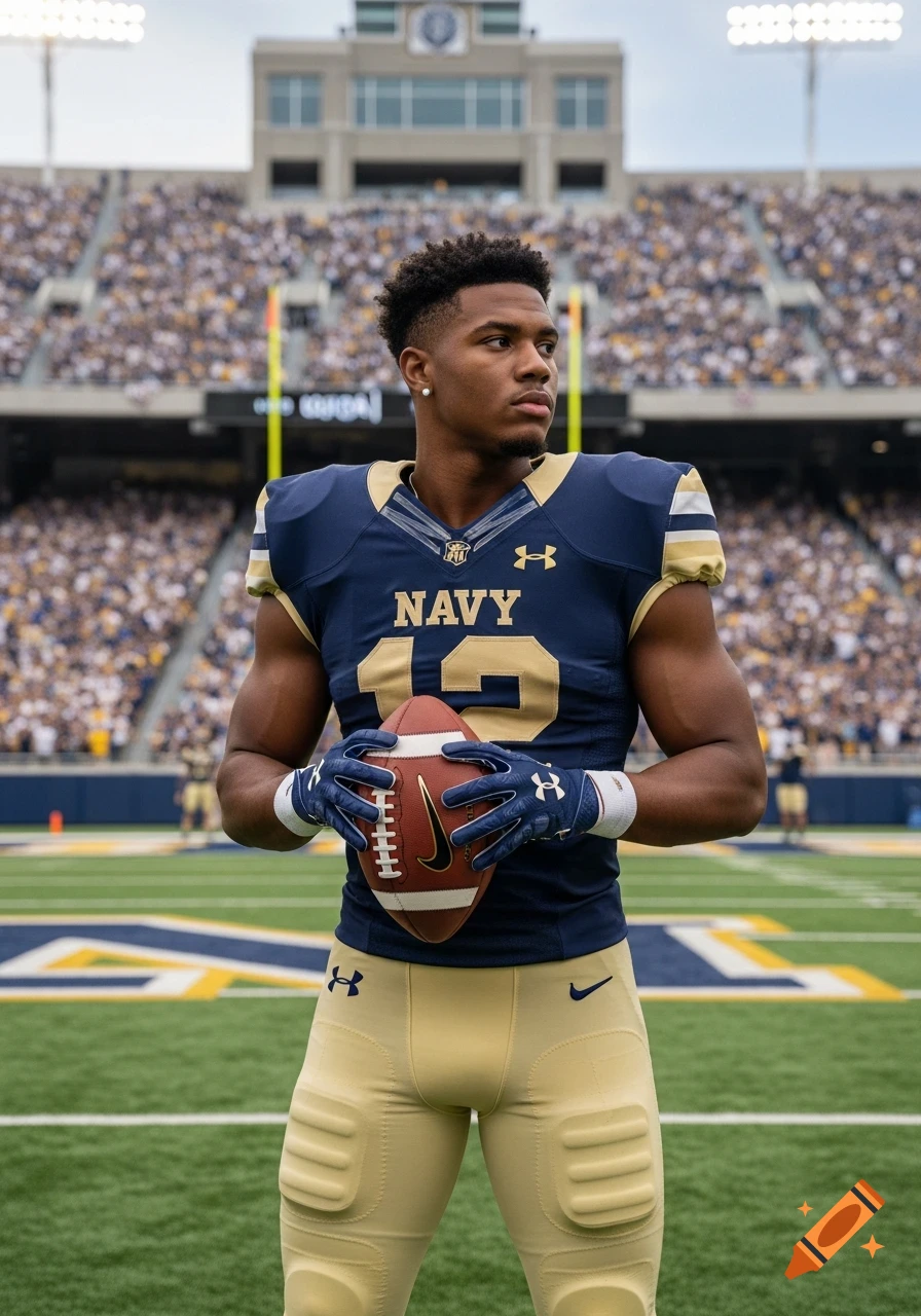 A young African-American football player in a Navy uniform holds a football on a stadium field with fans. Photorealistic.